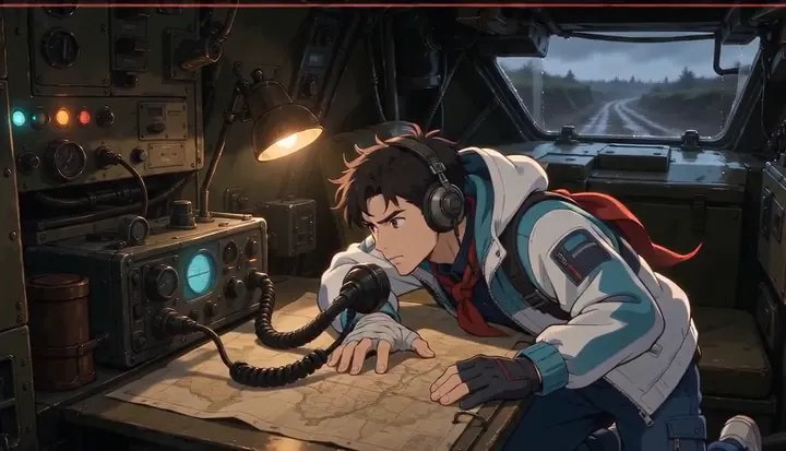 A radio operator leans over a map and microphone. Sample 3 · frame 0192.