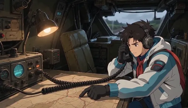 A radio operator reaches across the map table. Sample 3 · frame 0216.