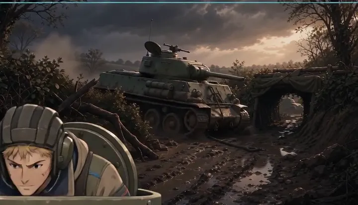 A helmeted soldier watches the muddy road beside a tank. Sample 2 · frame 0092.