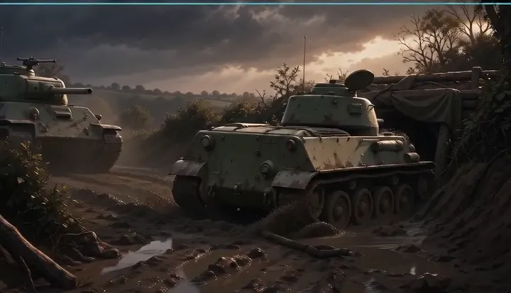 A helmeted soldier watches the muddy road beside a tank. Sample 3 · frame 0167.