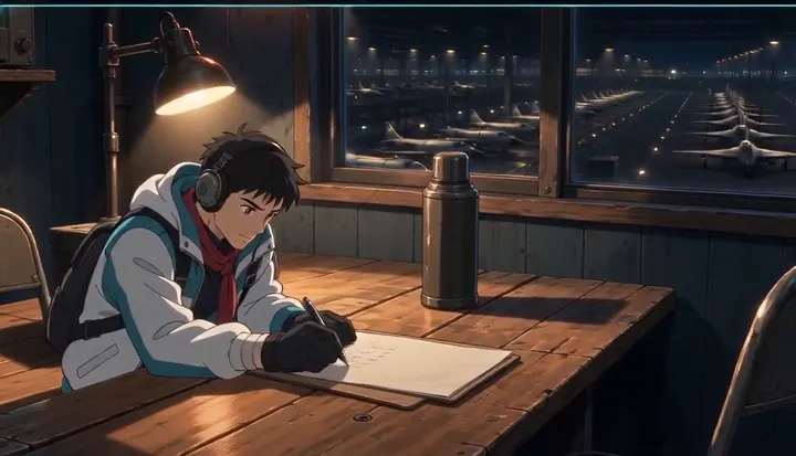 A pilot writes at a table overlooking the night airfield. Sample 1 · frame 0103.