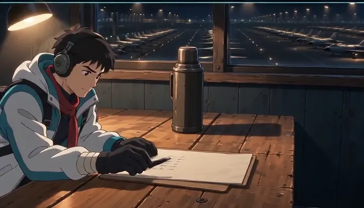 A pilot writes at a table overlooking the night airfield. Sample 2 · frame 0140.
