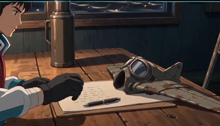 A pilot writes at a table overlooking the night airfield. Sample 3 · frame 0192.