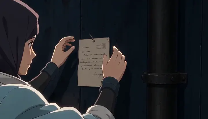 A worker reads a note beside the factory window. Sample 3 · frame 0192.