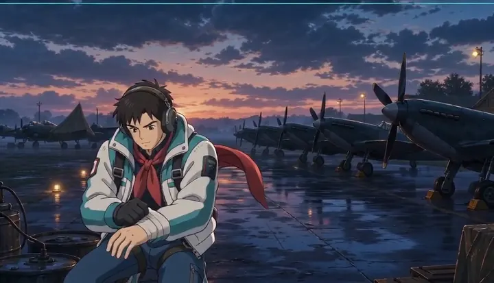 A pilot checks his gloved hand on the wet runway at sunrise. Sample 1 · frame 0072.