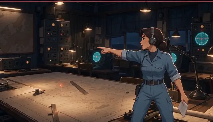 A communications officer moves markers across a large map. Sample 1 · frame 0099.