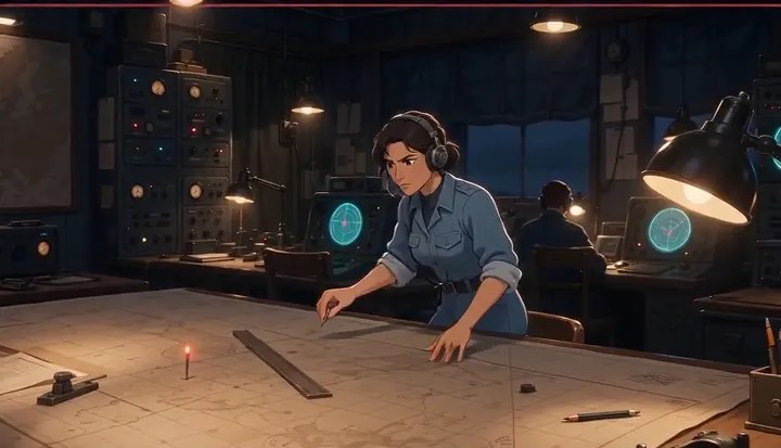 A communications officer moves markers across a large map. Sample 2 · frame 0152.