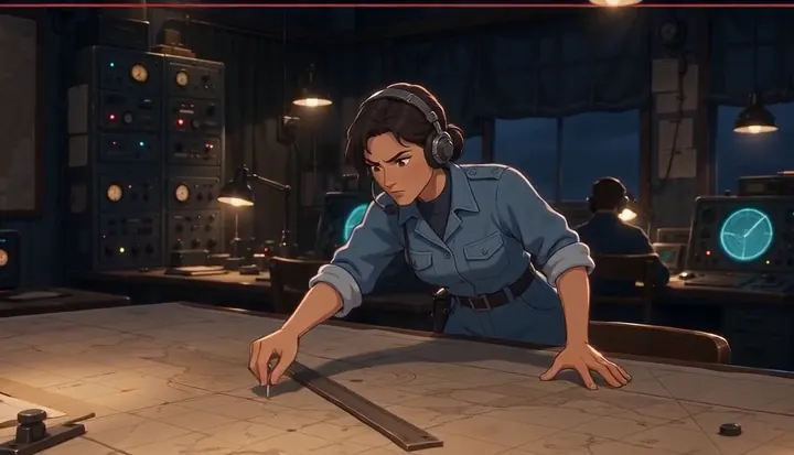 A communications officer moves markers across a large map. Sample 3 · frame 0196.
