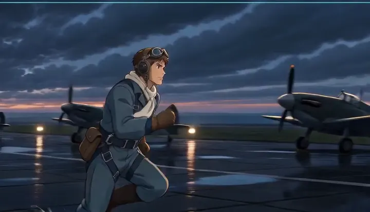 A flight-suited crew member runs toward parked fighters. Sample 2 · frame 0156.