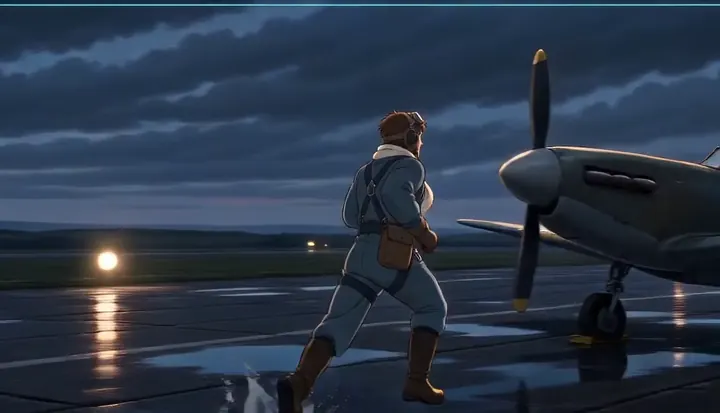 A flight-suited crew member runs toward parked fighters. Sample 3 · frame 0216.