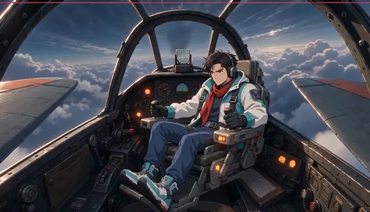 A pilot banks above a cloud layer. Sample 3 · frame 0216.