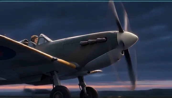 A fighter propeller turns against a stormy sky. Sample 2 · frame 0082.