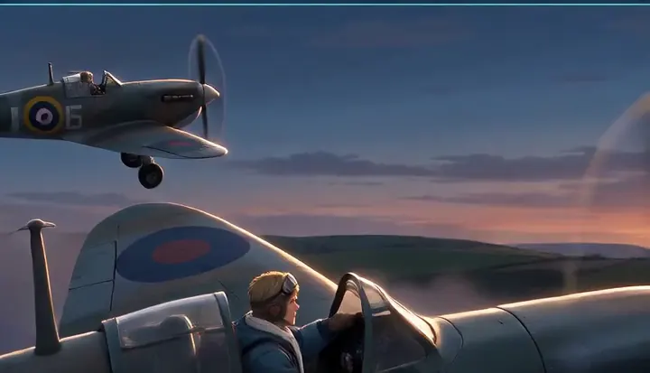 A fighter propeller turns against a stormy sky. Sample 3 · frame 0176.