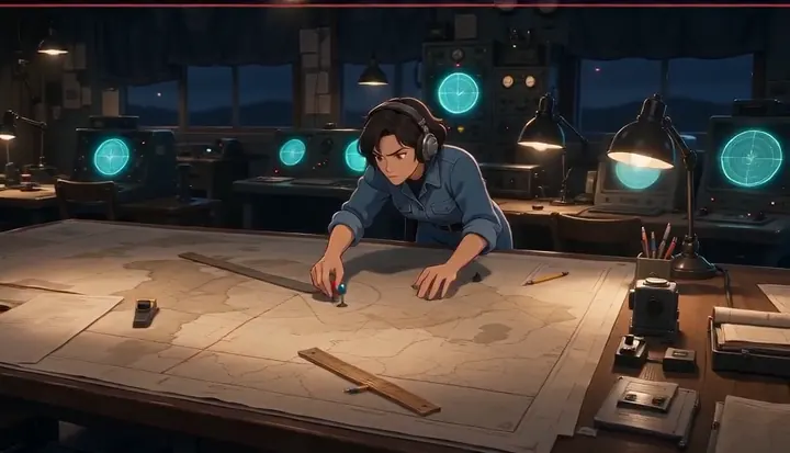A communications officer studies routes spread across a map. Sample 1 · frame 0080.