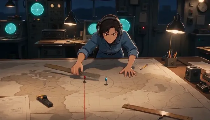 A communications officer studies routes spread across a map. Sample 2 · frame 0124.