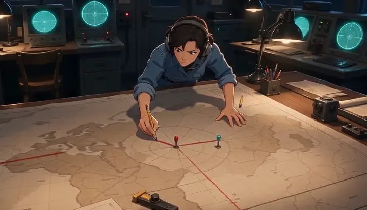 A communications officer studies routes spread across a map. Sample 3 · frame 0160.