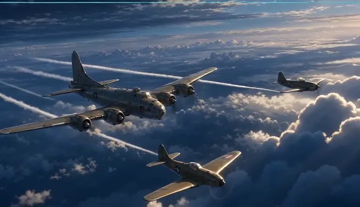 Fighters escort a bomber above the clouds. Sample 1 · frame 0076.