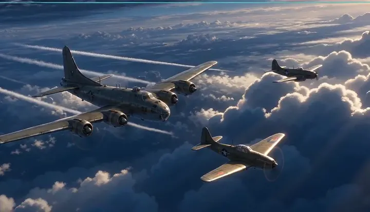 Fighters escort a bomber above the clouds. Sample 2 · frame 0116.