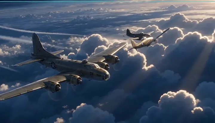 Fighters escort a bomber above the clouds. Sample 3 · frame 0192.