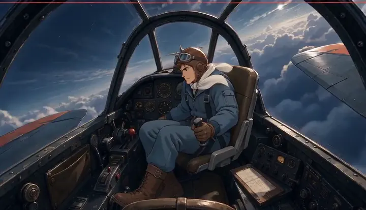 A pilot ducks low inside the cockpit. Sample 1 · frame 0100.