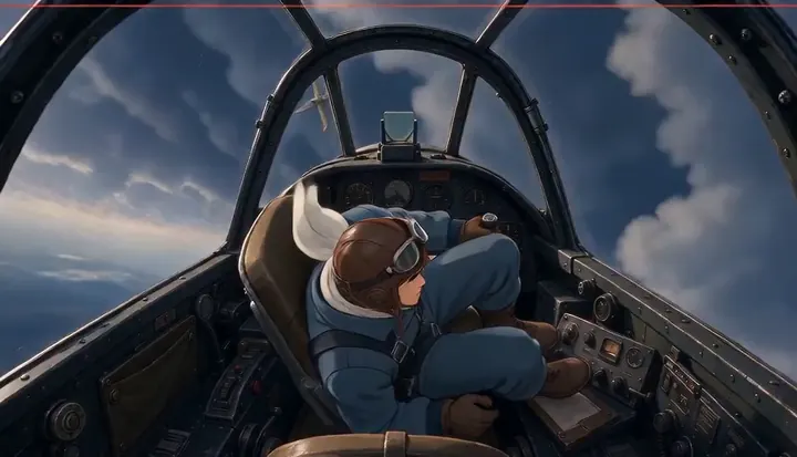 A pilot ducks low inside the cockpit. Sample 2 · frame 0136.