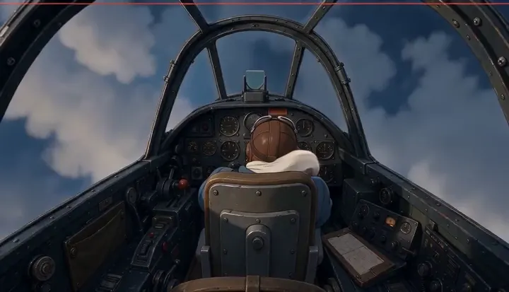 A pilot ducks low inside the cockpit. Sample 3 · frame 0184.