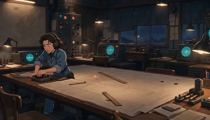 A communications officer studies the map from the far side of the table. Sample 1 · frame 0068.
