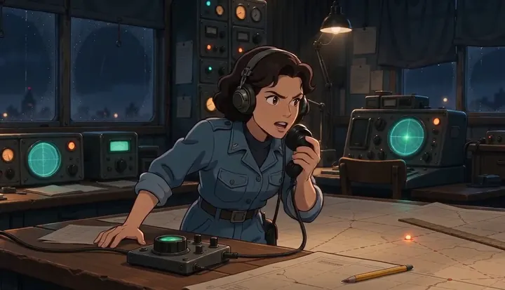A communications officer studies the map from the far side of the table. Sample 3 · frame 0204.