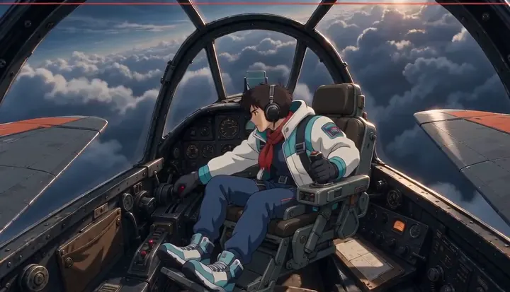 A pilot braces in a banking fighter. Sample 1 · frame 0062.