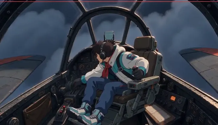 A pilot braces in a banking fighter. Sample 2 · frame 0102.