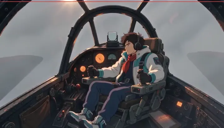 A pilot braces in a banking fighter. Sample 3 · frame 0153.