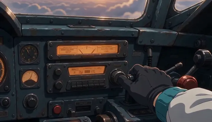 A pilot adjusts a radio control on the instrument panel. Sample 2 · frame 0164.