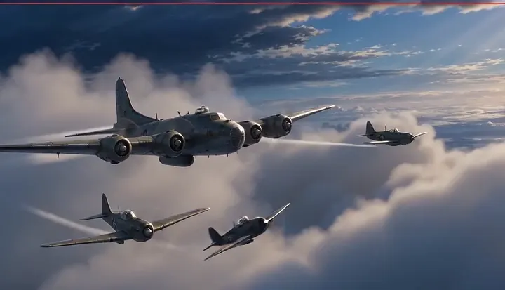 A bomber and fighters cruise above a bright cloud layer. Sample 1 · frame 0060.