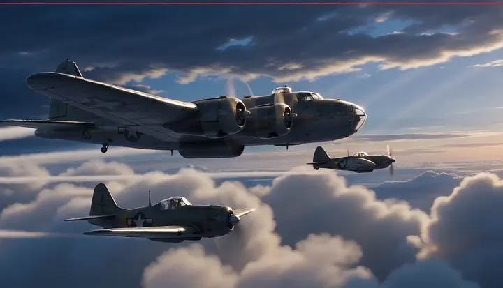A bomber and fighters cruise above a bright cloud layer. Sample 2 · frame 0164.
