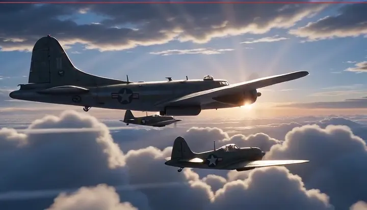 A bomber and fighters cruise above a bright cloud layer. Sample 3 · frame 0212.
