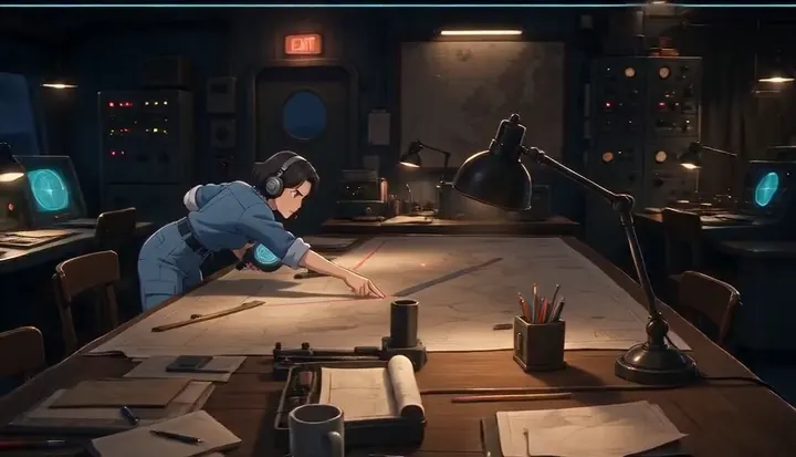 A communications officer reaches across the plotting table. Sample 1 · frame 0084.