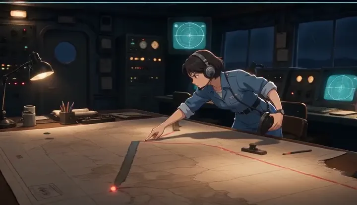 A communications officer reaches across the plotting table. Sample 2 · frame 0164.