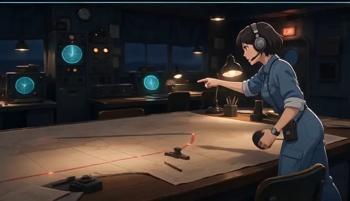 A communications officer reaches across the plotting table. Sample 3 · frame 0200.
