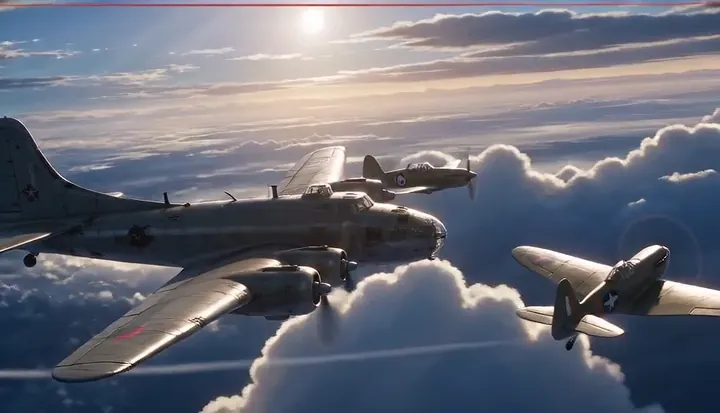 Bombers fly in formation above the clouds. Sample 1 · frame 0060.