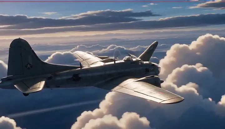Bombers fly in formation above the clouds. Sample 2 · frame 0096.