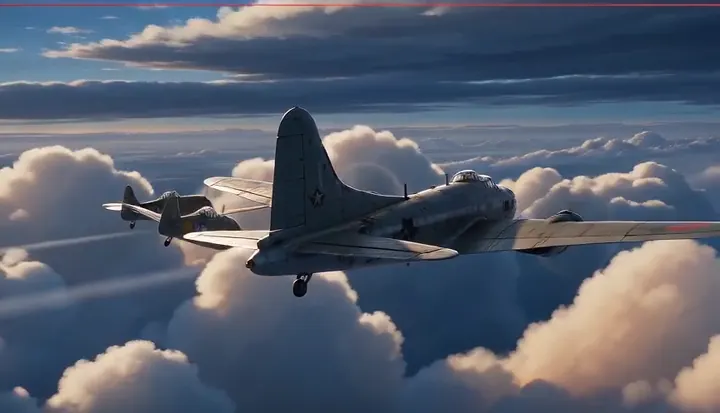 Bombers fly in formation above the clouds. Sample 3 · frame 0144.