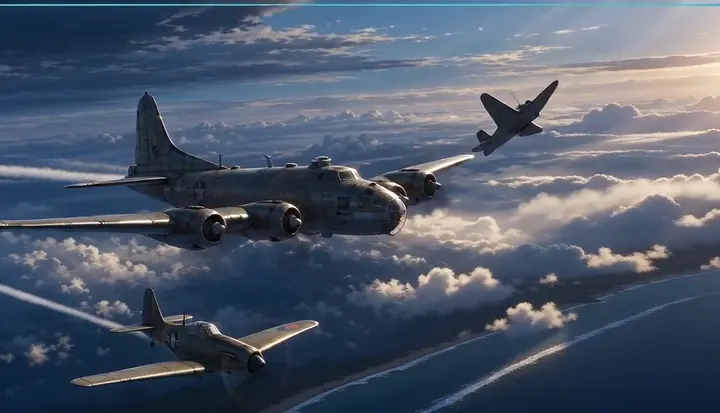 Sunlight flashes across bombers and fighters in formation. Sample 1 · frame 0103.