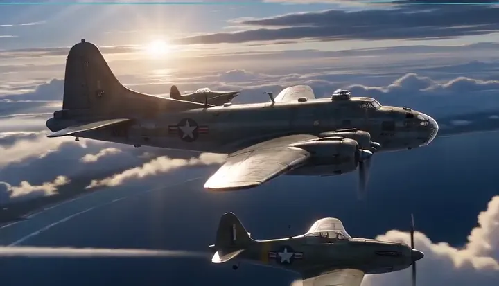 Sunlight flashes across bombers and fighters in formation. Sample 2 · frame 0148.