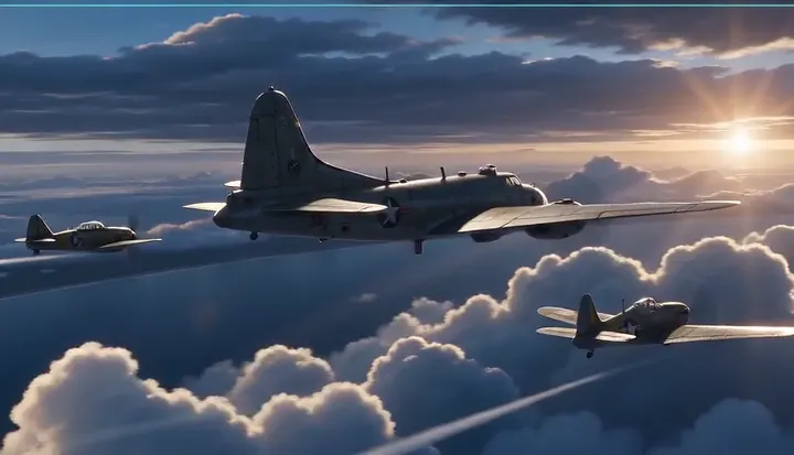 Sunlight flashes across bombers and fighters in formation. Sample 3 · frame 0188.