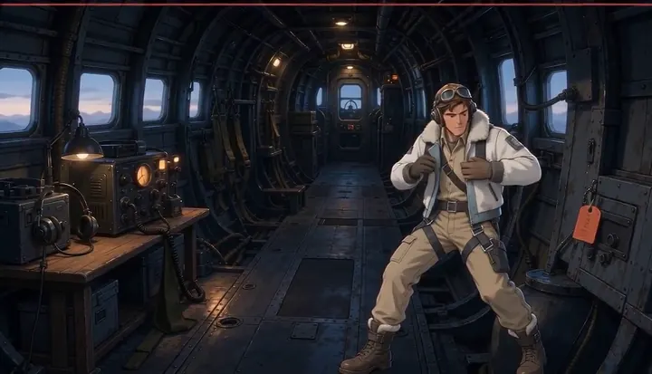 A crew member braces inside the bomber cabin. Sample 1 · frame 0072.
