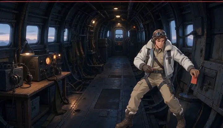 A crew member braces inside the bomber cabin. Sample 2 · frame 0112.