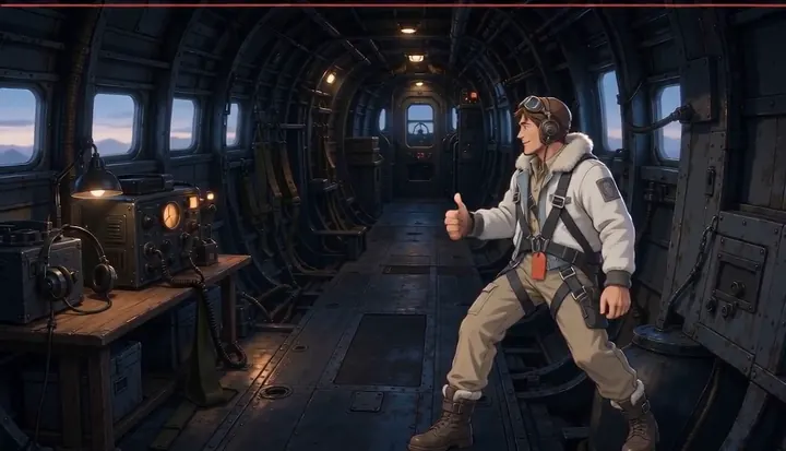 A crew member braces inside the bomber cabin. Sample 3 · frame 0204.