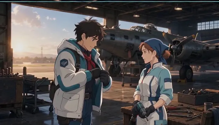 Two crew members speak beside a bomber on the hangar floor. Sample 1 · frame 0092.