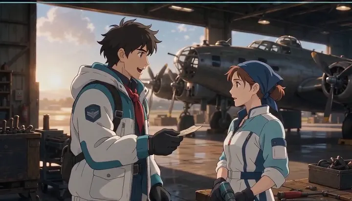 Two crew members speak beside a bomber on the hangar floor. Sample 2 · frame 0128.