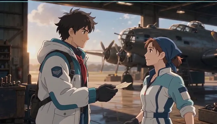 Two crew members speak beside a bomber on the hangar floor. Sample 3 · frame 0164.